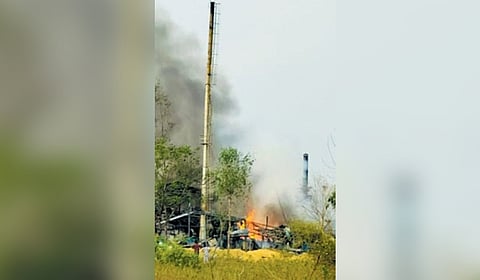 Flames from the reactor blast engulf the SB Organics unit in Chandapur village of Hathnura mandal in Sangareddy district on Wednesday