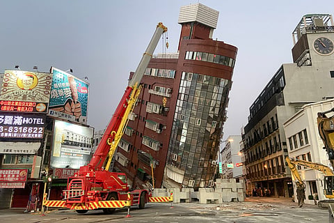 Damaged Uranus Building in Hualien, after a major earthquake hit Taiwan's east.