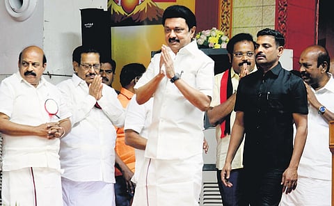 MK Stalin canvassing votes for Kathir Anand in Vellore on Tuesday 