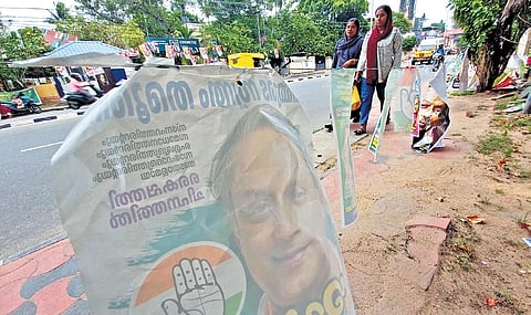 UDF candidate Shashi Tharoor’s posters are seen hanging at Chackai. Though three days have passed since the polls, campaign materials haven’t been removed. 