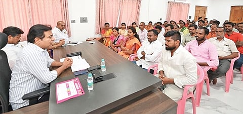BRS working president 
KT Rama Rao addresses a cluster-level party activists meeting in Sircilla on Monday