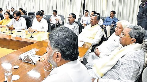 Chief Minister Siddaramaiah and DyCM DK Shivakumar hold a virtual meeting with DCs and ZP CEOs to review drought in Bengaluru on Thursday  