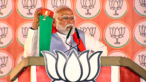 Prime Minister Narendra Modi addresses during a public meeting for Lok Sabha elections, in Barabanki, Uttar Pradesh.