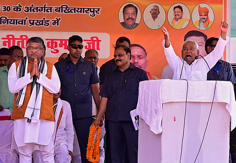 Bihar Chief Minister Nitish Kumar and BJP candidate from Patna Sahib constituency Ravi Shankar Prasad during a public meeting at Daniyawan for the Lok Sabha elections, in Patna