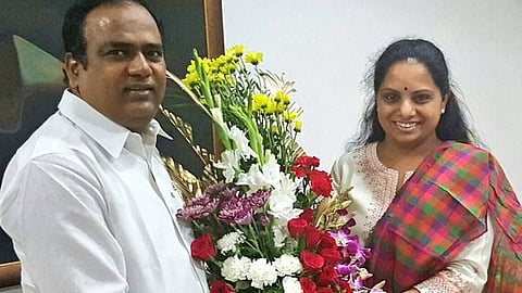 Nizamabad Rural MLA R Bhupathi Reddy with BRS leader K Kavitha. 