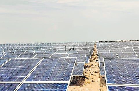 Solar power plant being built on the top of the dump at a height of 120-metres above the ground of an overburdened (OB) opencast (OC) - I coal mine in Ramagundam-III area.