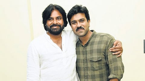 Film actor Ram Charan meets Jana Sena chief Pawan Kalyan at Pithapuram on Saturday 