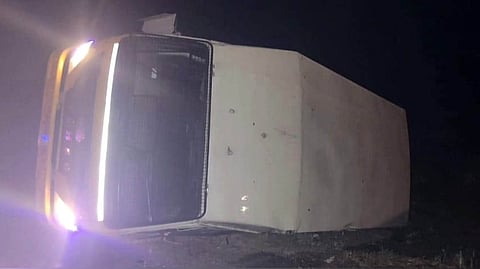 A private logistic company vehicle carrying 810 kg gold bars allegedly worth Rs 562 crores from Coimbatore to Salem overturned on the roadside near Chithode in Erode district early on Tuesday.