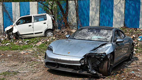 The Porsche car driven by a 17-year-old boy which knocked down two motorbike riders in the Kalyani Nagar area of Pune city in the early hours of Sunday, causing their deaths. 