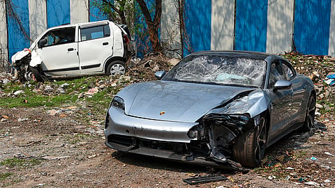 The Porsche car driven by a 17-year-old boy which knocked down two motorbike riders in the Kalyani Nagar area of Pune city in the early hours of Sunday, causing their deaths. 