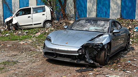 The Porsche car driven by a 17-year-old boy which knocked down two motorbike riders in the Kalyani Nagar area of Pune city in the early hours of Sunday, causing their deaths. 
