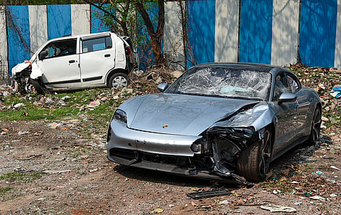 The Porsche car driven by a 17-year-old boy which knocked down two motorbike riders in the Kalyani Nagar area of Pune city in the early hours of Sunday, causing their deaths. 