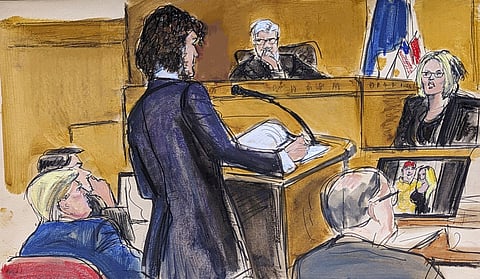 Judge Juan Merchan presides over proceedings as Stormy Daniels, far right, answers questions on direct examination by assistant district attorney Susan Hoffinger in Manhattan criminal court as former President Donald Trump and defense attorney Todd Blanche look on, Tuesday, May 7, 2024, in New York.