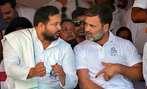 Congress leader Rahul Gandhi with RJD leader Tejashwi Yadav