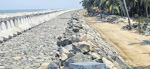 The road that was built to facilitate the construction of the seawall at Chellanam