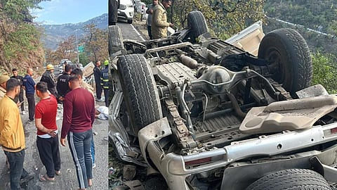 (L-R) Rescue operations being underway, a car falls into a gorge near Mussoorie-Dehradun road. 