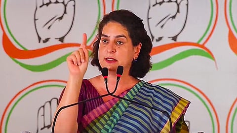 Congress leader Priyanka Gandhi Vadra addresses a public meeting for Lok Sabha elections in Morena, Madhya Pradesh, on Thursday, May 2, 2024.