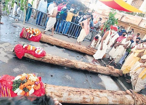Timber logs being consecrated before commencement of chariot construction work