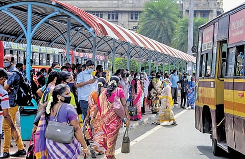 People seen waiting for MTC bus at Central Railway Station in Chennai 