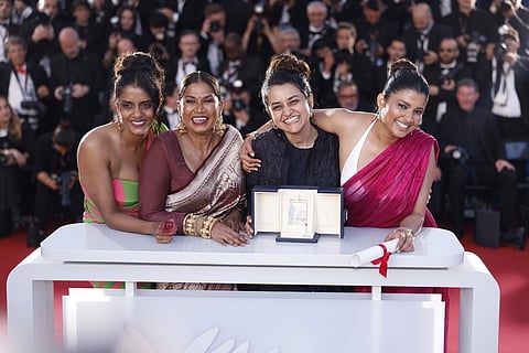 Payal Kapadia with the cast of her film 'All We Imagine As Light' at the Cannes 2024. 