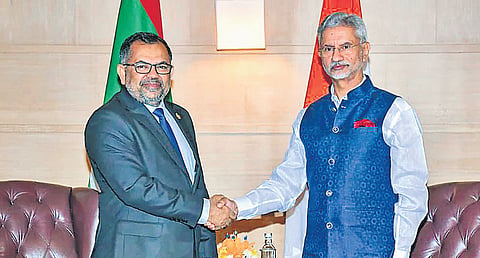 External Affairs Minister S Jaishankar with Maldives Foreign Minister Moosa Zameer at a meeting in New Delhi on Thursday 