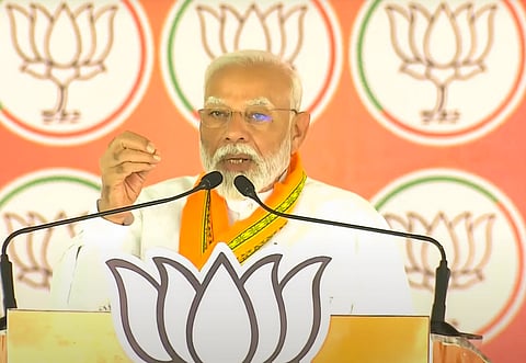 Prime Minister Narendra Modi addresses a public meeting for Lok Sabha elections, in Nandurbar, Maharashtra, Friday, May 10, 2024. 