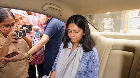 AAP Rajya Sabha MP Swati Maliwal at the Tis Hazari Court after she recorded her statement on the alleged assault by Delhi Chief Minister Arvind Kejriwal's aide Bibhav Kumar, in New Delhi.