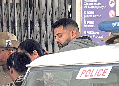 Hassan MP Prajwal Revanna being brought to Bowring and Lady Curzon Hospital for a medical examination in Bengaluru on Friday  