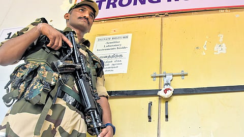 File picture of a guard from the Central Armed Forces standing outside a strong room at Thoothukudi’s VOC Government Engineering College