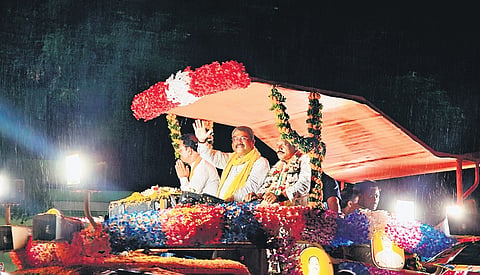 Union Minister Dharmendra Pradhan at a roadshow in Baripada on Sunday 