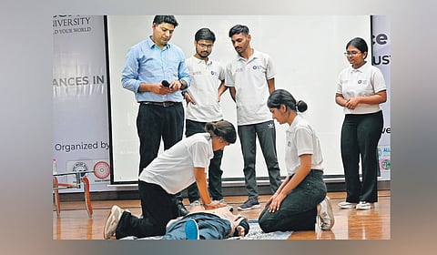 Dr Dinesh Gora and his team simulate a trauma care procedure.
