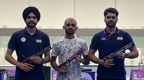 Sarabjot Singh (left) shot 584 to top the OST T4 qualification stage in the men's 10m air pistol category on Saturday