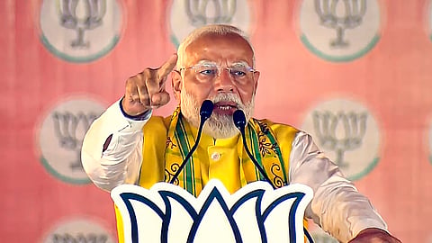 East Champaran: Prime Minister Narendra Modi addresses a public meeting for Lok Sabha elections, in East Champaran district.