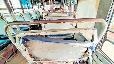 The badly damaged seat of an MTC bus at Korattur bus stand in Chennai 