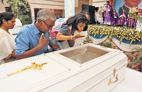People pay their last respects to the mortal remains of former Archbishop Thumma Bala at St. Mary’s School in Secunderabad on  Friday