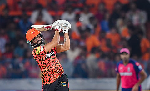 Sunrisers Hyderabad batter Nitish Reddy plays a shot during the IPL 2024 T20 cricket match between Sunrisers Hyderabad and Rajasthan Royals on May 2, 2024.