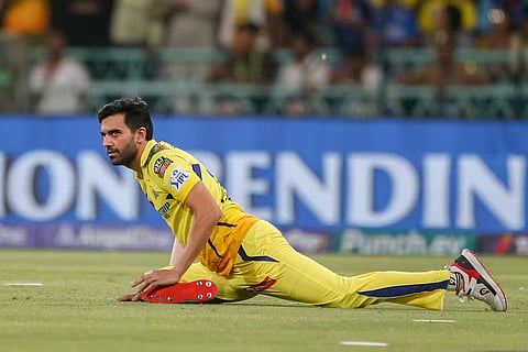Deepak Chahar stretching before the second innings 