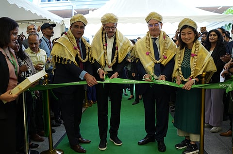 (L-R)  Deepak Sharma, Greater India, MD & CEO; Peter Herweck, CEO; Thierry Berthelot, Consul General of France; Chris Leong, CMO at Schneider Electric's campus launch in Bengaluru on Thursday.