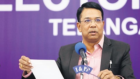 Telangana Chief Electoral Officer (CEO) Vikas Raj speaks during a press conference in Hyderabad on Wednesday