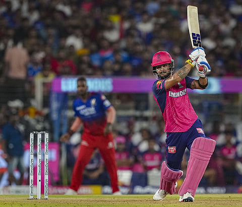 Rajasthan Royals' Riyan Parag plays a shot during the Indian Premier League  2024.