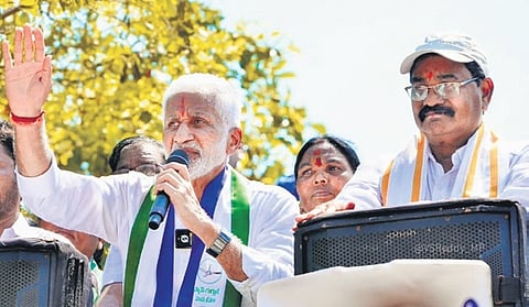YSRC Nellore Lok Sabha segment contender V Vijayasai Reddy addressing the gathering 