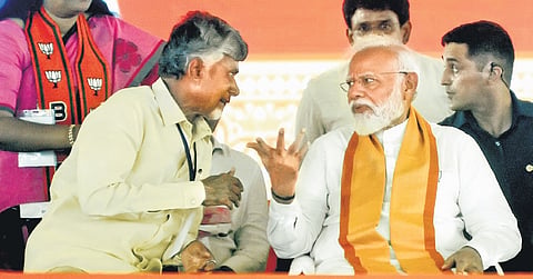 TDP supremo N Chandrababu Naidu & Prime Minister Narendra Modi  at the Prajagalam meeting in Rajupalem, Anakapalle