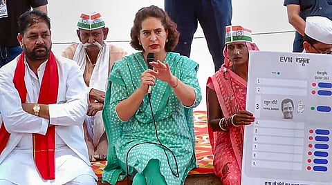 Congress leader Priyanka Gandhi Vadra addresses an election rally for Lok Sabha elections, in Rae Bareli district, Thursday, May 9, 2024.
