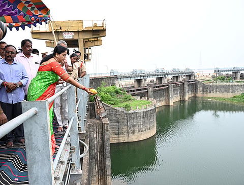 East Godavari collector Dr Madhavilatha releasing Godavari water from sir arthur cotton barrage to delta for kharif on Saturday.
