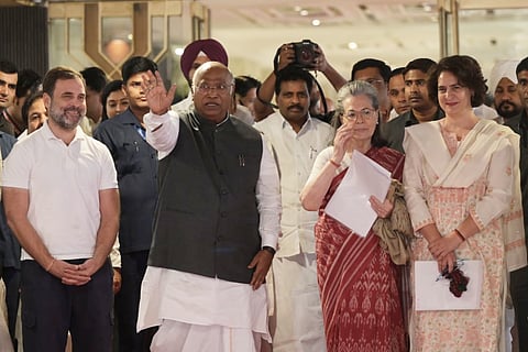 Congress President Mallikarjun Kharge, Sonia Gandhi, Rahul Gandhi and Priyanka Gandhi Vadra after the extended Congress working committee meeting in New Delhi on Saturday. 