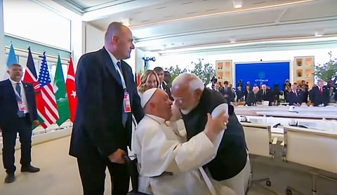 Prime Minister Narendra Modi with Pope Francis during the G7 Summit, in Apulia, Italy, Friday, June 14, 2024. 