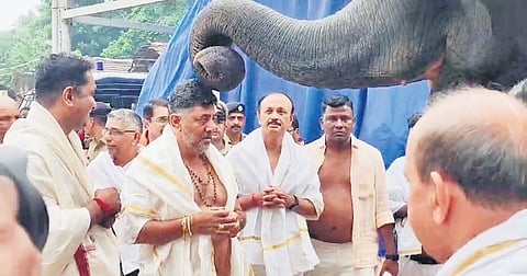 Deputy Chief Minister DK Shivakumar takes blessings from an elephant 
at Kukke Shri Subrahmanya Swamy Temple on Tuesday 