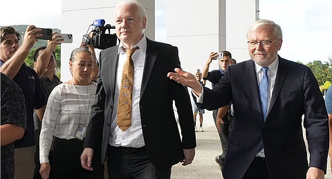 WikiLeaks founder Julian Assange, center, arrives at the United States courthouse where he is expected enter a plea deal in Saipan, Mariana Islands, Wednesday, June 26, 2024. 