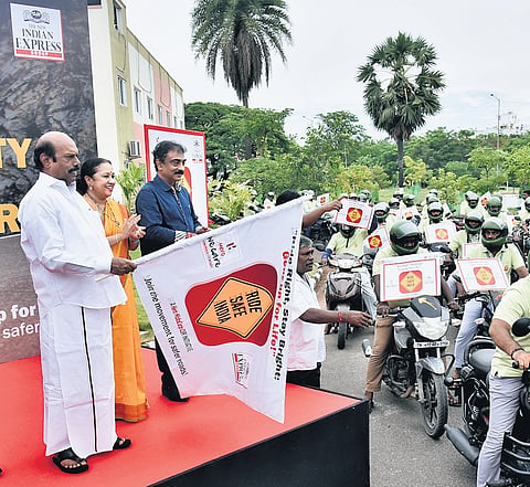 The Acting Chief Justice R Mahadevan flagging off  TNIE road safety campaign motorcycle rally on the Madras High Court campus