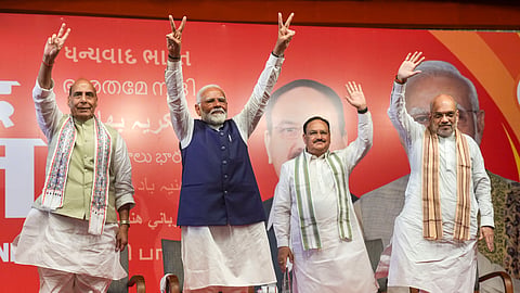 PM Narendra Modi, Union Home Minister Amit Shah, Union Defence Minister Rajnath Singh and BJP National President JP Nadda during a meeting at the party headquarters as the party leads in the LS elections amid the counting of votes in New Delhi